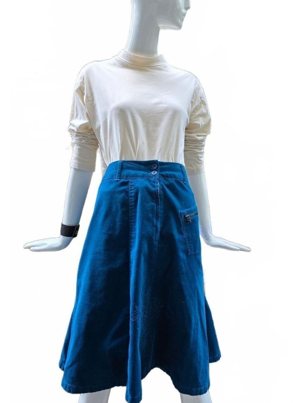 Additional Elle Teal Blue Micro- Corduroy Skirt With Decorative Stitching. Sz 14